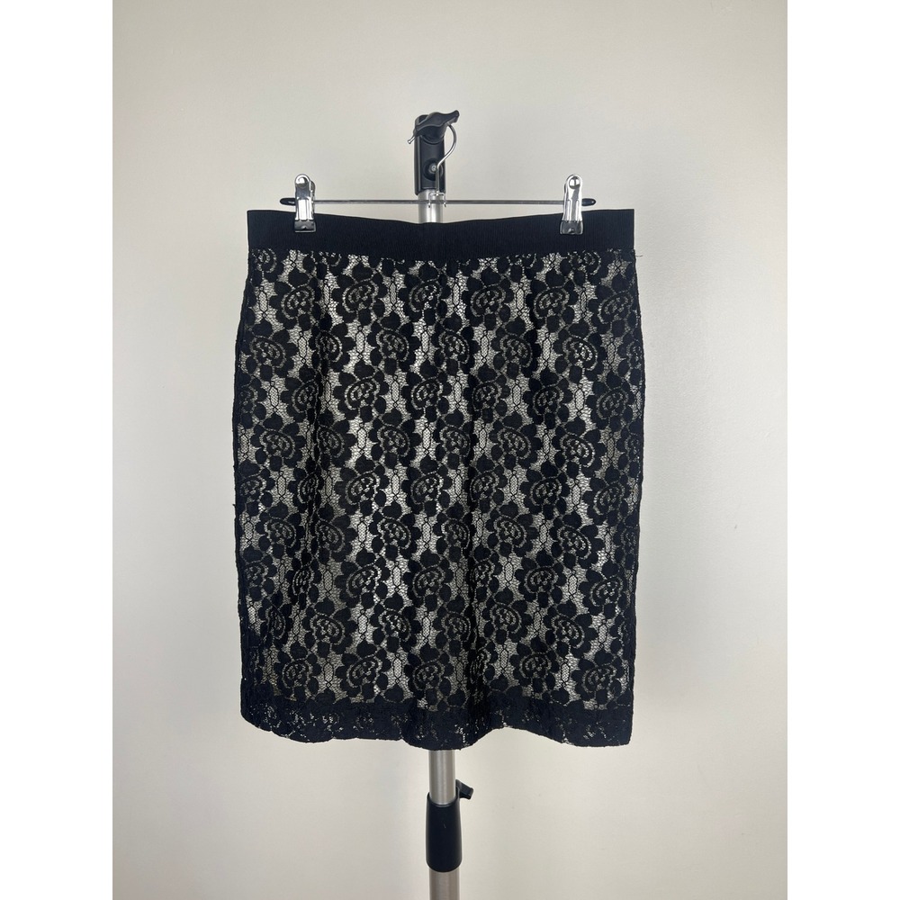 Pure Alfred Sung Black Floral Lace Pencil Skirt White Lining Size 12 Womens